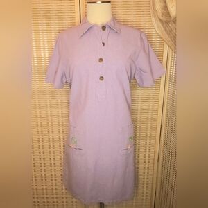 Vintage 100%Cotton Chambray Shirt Dress, Cute Palmtree/Shell Embroidered Pockets
